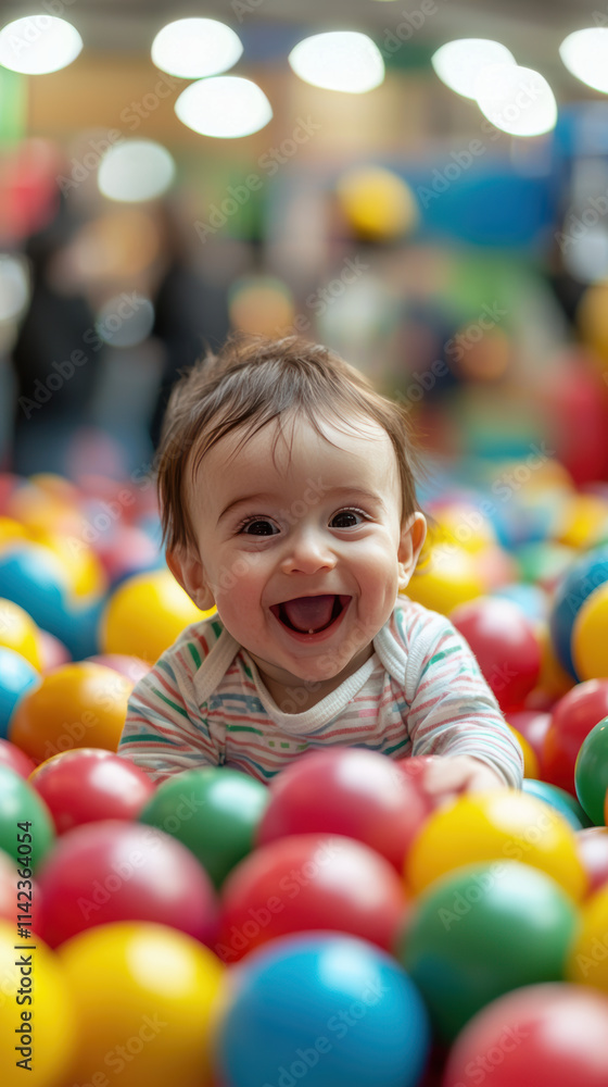Fototapeta premium Happy baby playing in colorful ball pit, enjoying vibrant atmosphere