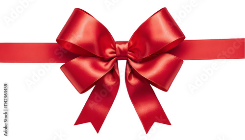 Red satin gift ribbon and bow isolated on transparent background, ideal for holiday celebrations like Christmas, birthdays, and Valentine's Day. 