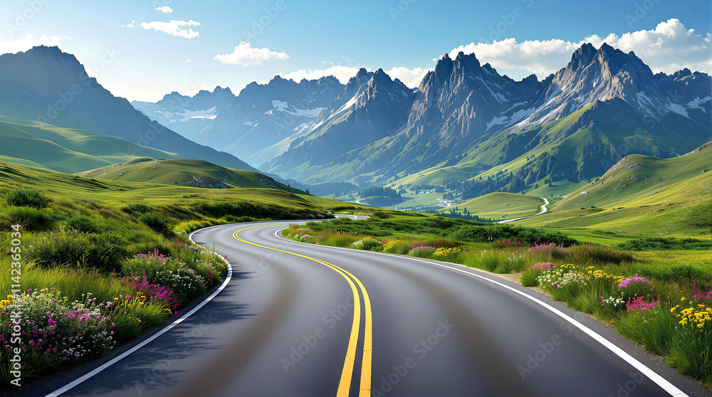 Fototapeta premium Curvy mountain road with greenery,Aerial view of car on the road,S curve road,cut out - stock png,Bend on a mountain road,Curvy mountain road