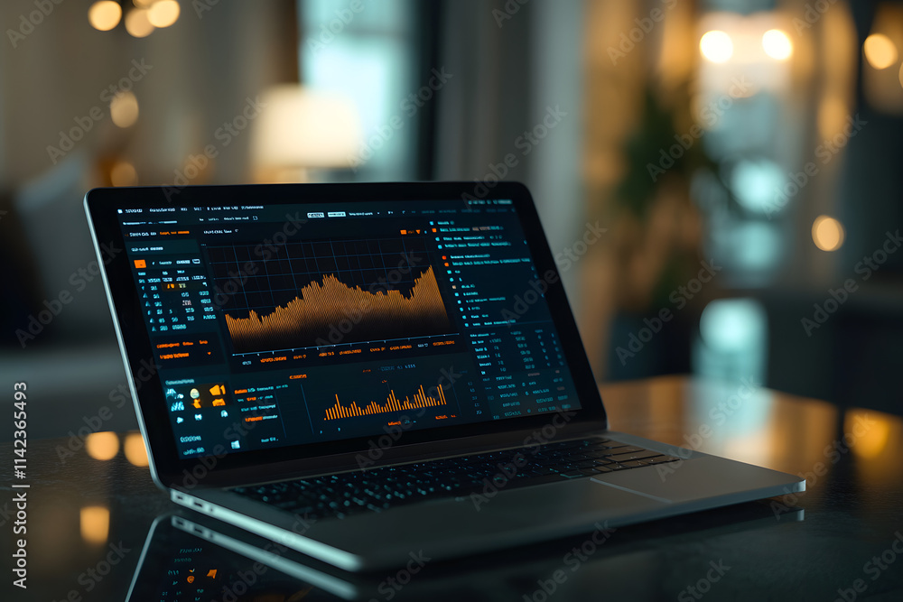 Laptop displaying financial stock market data, trading graphs, and analytics, concept of investment, business performance, financial technology, data analysis, trading platform Laptop displaying financial stock market data, trading graphs, and analytics, concept of investment, business performance, financial technology, data analysis, trading platform