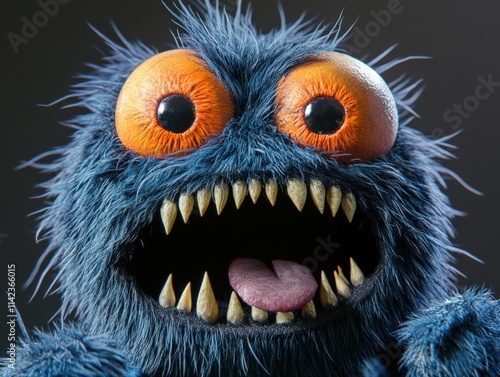 close up of a blue furry monster with orange eyes and sharp teeth photo