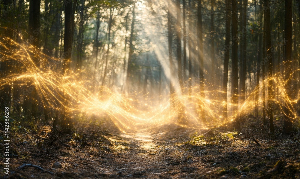 Obraz premium Golden light trails through sunlit forest path.