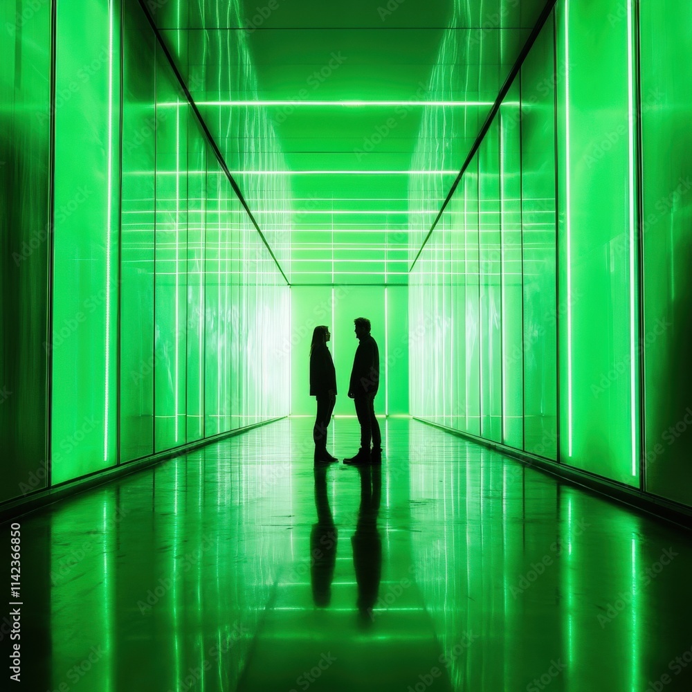 Fototapeta premium two silhouetted figures stand in a green lit corridor