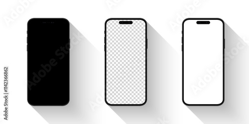 Mockup Phone or Mobile with different screen. Realistic Smartphone with shadow. Black, Transparent, White Screen. Vector illustration