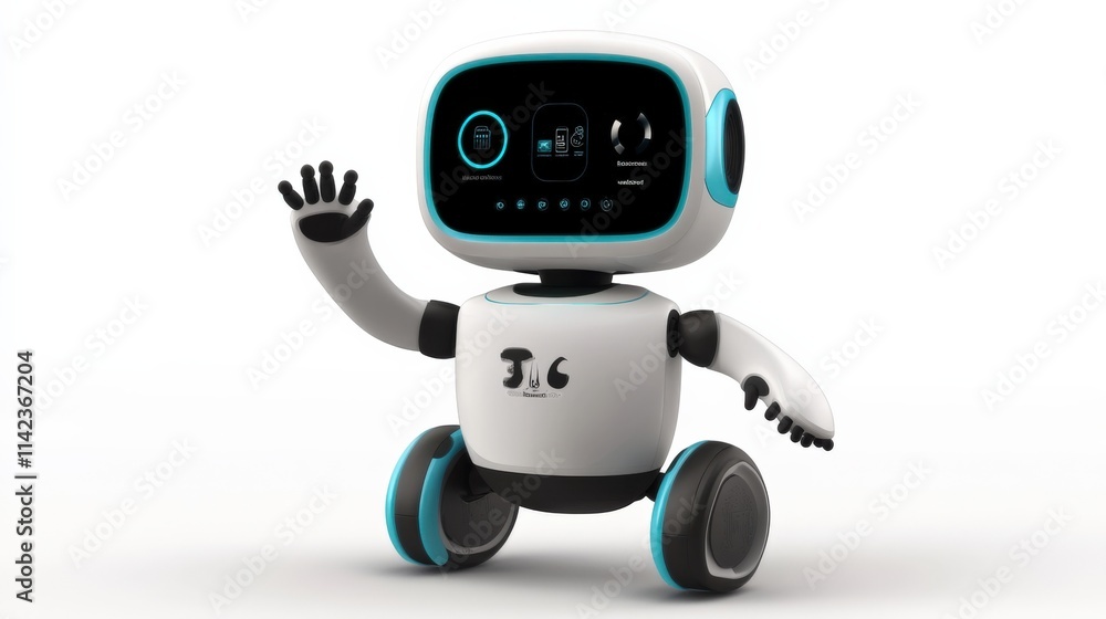 a small white robot with a screen on its face and teal accents a small white robot with a screen on its face and teal accents