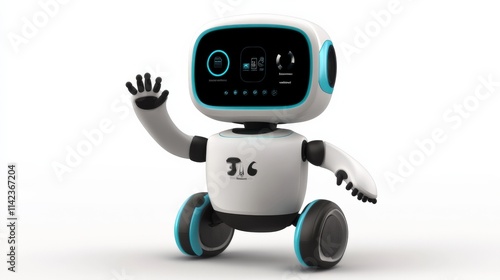a small white robot with a screen on its face and teal accents