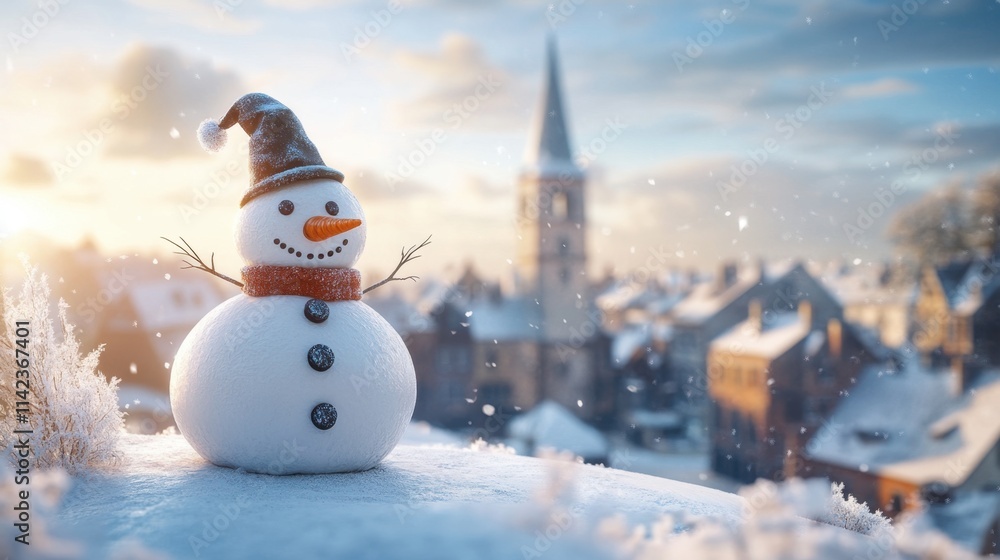 Obraz premium Cheerful Snowman in Snowy Landscape with Village in Background