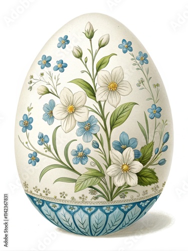 Decorated egg with floral design featuring white and blue flowers on a white background and an intricate blue patterned base. easter egg with flowers photo