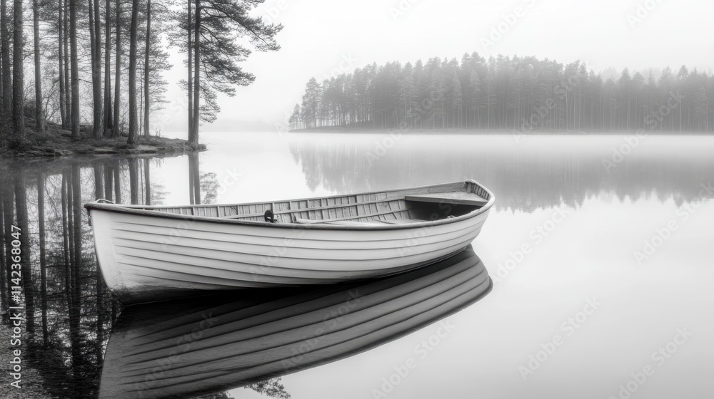 Serene White Boat on Misty Lake Surrounded by Tall Trees Serene White Boat on Misty Lake Surrounded by Tall Trees
