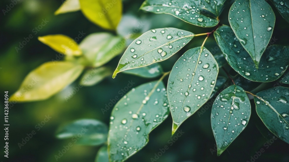 green leaves background, water drops are on the leaves after a rainy day green leaves background, water drops are on the leaves after a rainy day