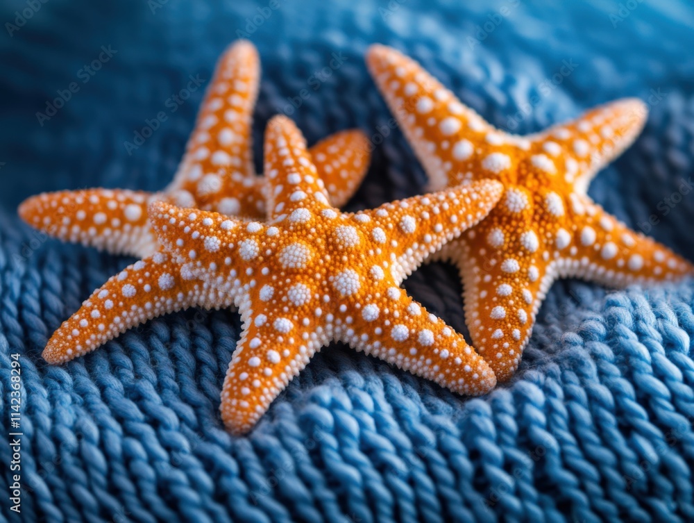 four starfish on a blue knitted blanket four starfish on a blue knitted blanket