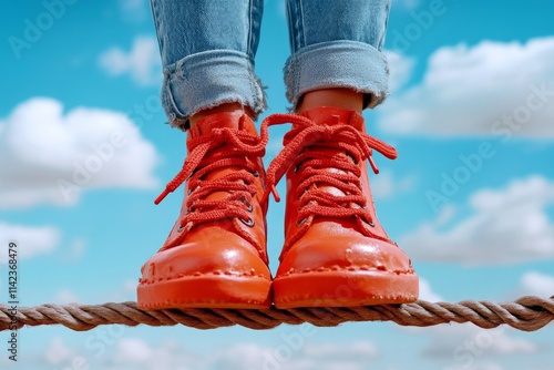 A tightrope walker feet balancing carefully on a wire, with a dramatic sky as the backdrop