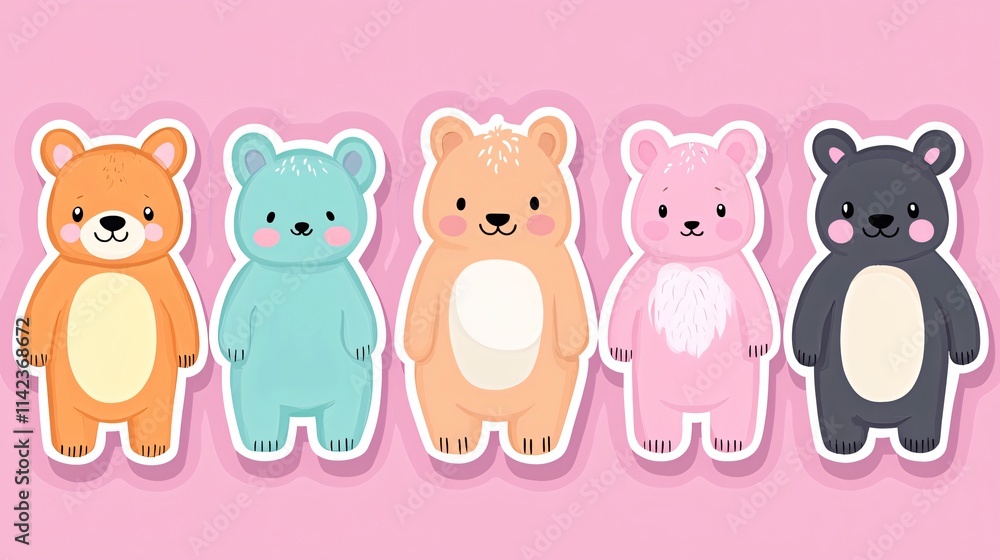 Naklejka premium Cute cartoon bear collection on pink background digital illustrations