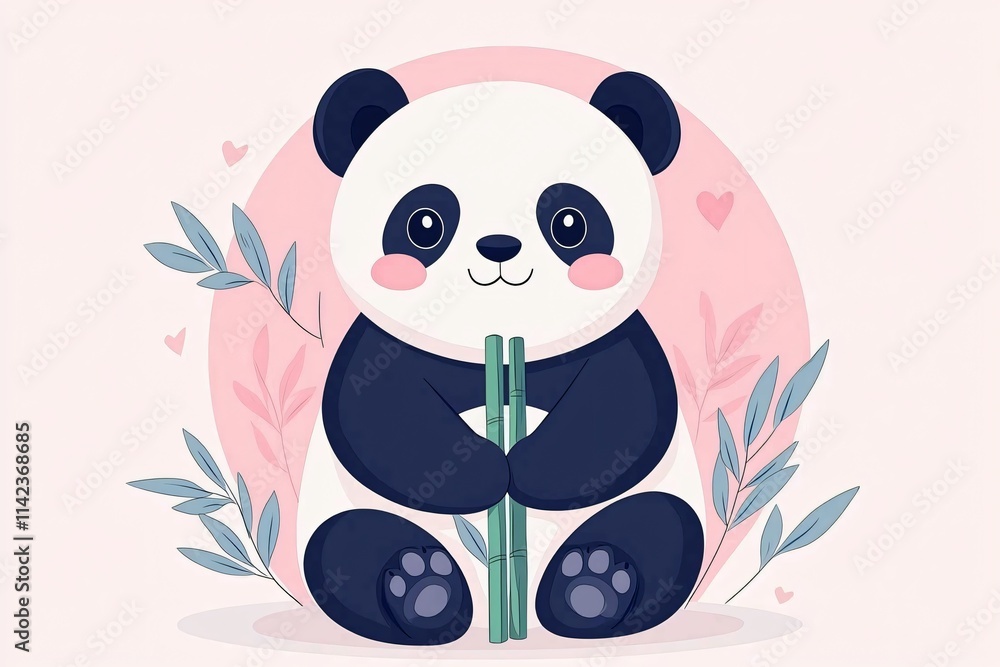 Cartoon panda holding bamboo in a playful setting Cartoon panda holding bamboo in a playful setting