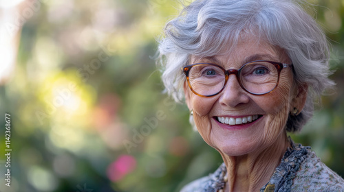 Older woman with gray hair and glasses, smiling brightly in nature, showcasing healthy teeth and gums, radiating joy and warmth