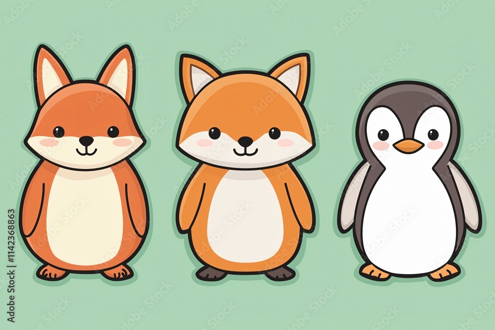 Cute animated animals foxes and penguin digital illustration fun Cute animated animals foxes and penguin digital illustration fun