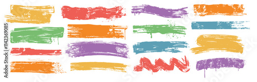 Vector set of colored brush strokes, ink bold lines. Dirty grunge design elements, rough paintbrush smears, scribbles on white background. Freehand spray paint underline stripes with drips, splatters