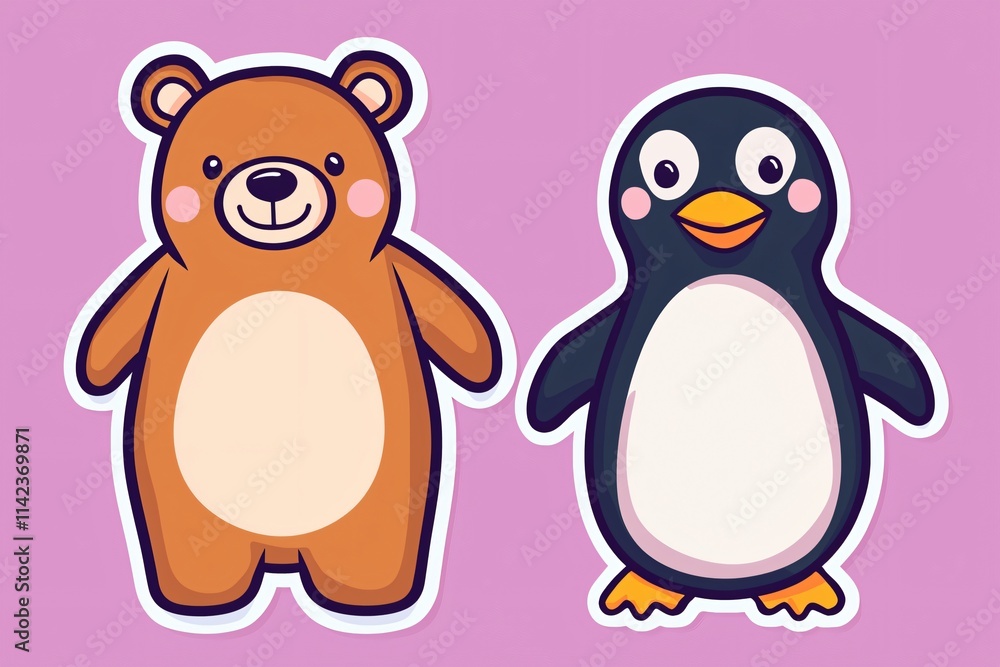 Fototapeta premium Playful bear and penguin characters cartoon design fun environment