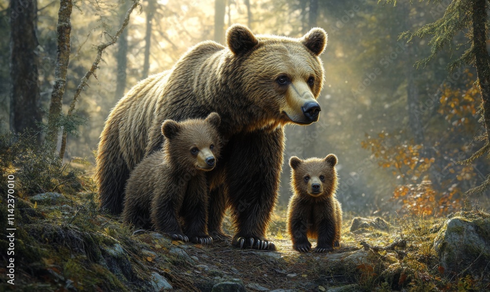 Obraz premium Mother bear and cub exploring the forest together, bears, wildlife, nature, family, adorable, fluffy, furry