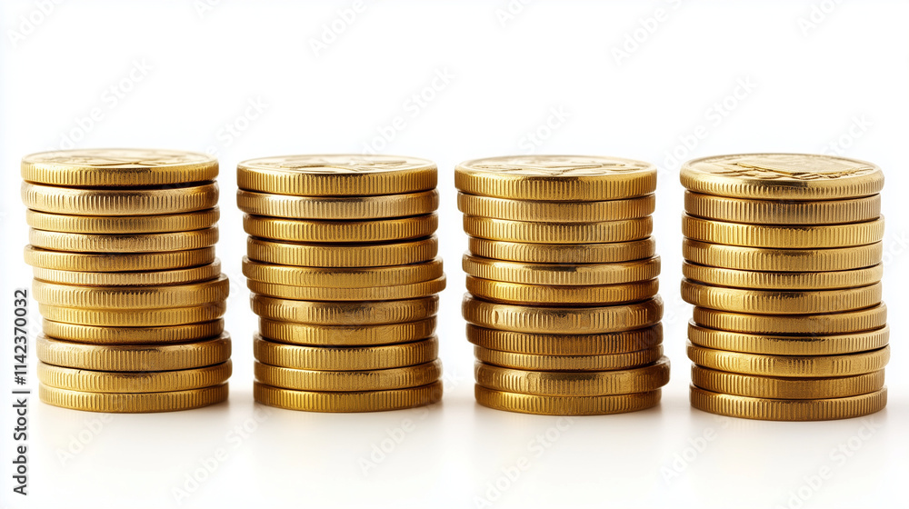 Neatly stacked golden coins in four rows, representing prosperity, wealth, and success Neatly stacked golden coins in four rows, representing prosperity, wealth, and success