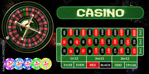 Casino Illustration with roulette wheel and playing chips. Vector gambling design with poker cards and dices for invitation or promo banner