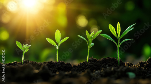 Growing plants in soil with sunlight shining, symbolizing growth and renewal