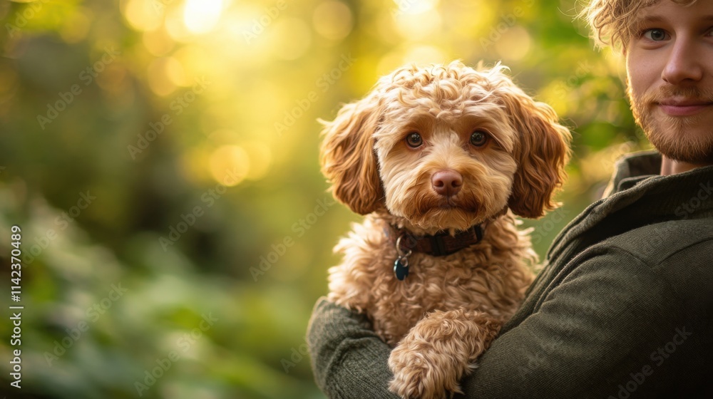 A person holds a small dog outside. A person holds a small dog outside.
