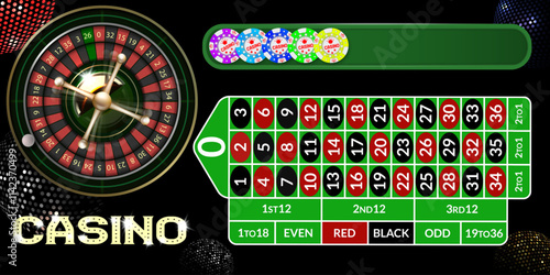 Casino Illustration with roulette wheel and playing chips. Vector gambling design with poker cards and dices for invitation or promo banner