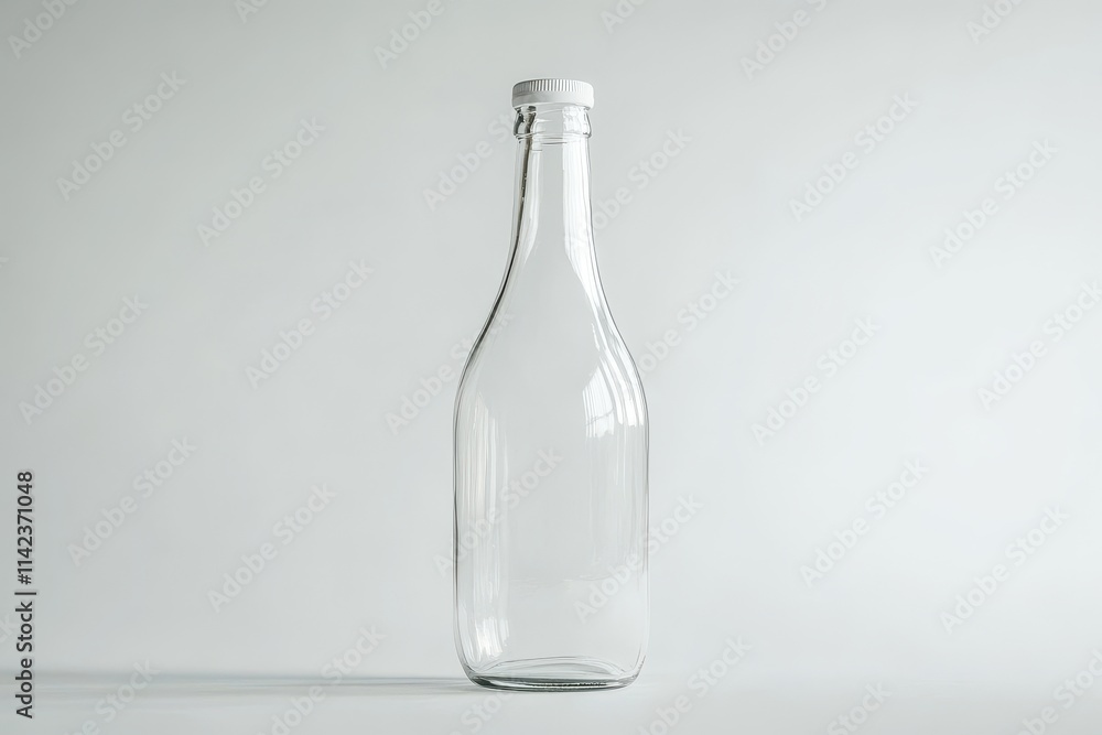 Transparent empty glass bottle with white cap against soft light background Transparent empty glass bottle with white cap against soft light background