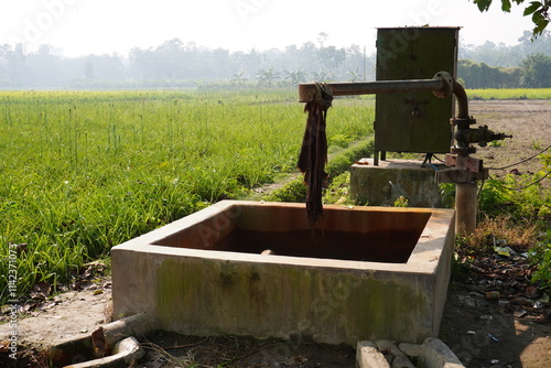 A groundwater extraction system, likely a hand pump connected to a well or tubewell in the agricultural field 