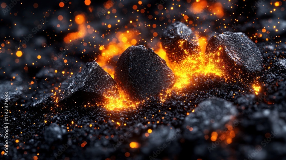 Fiery rocks ablaze in a volcanic eruption. Fiery rocks ablaze in a volcanic eruption.