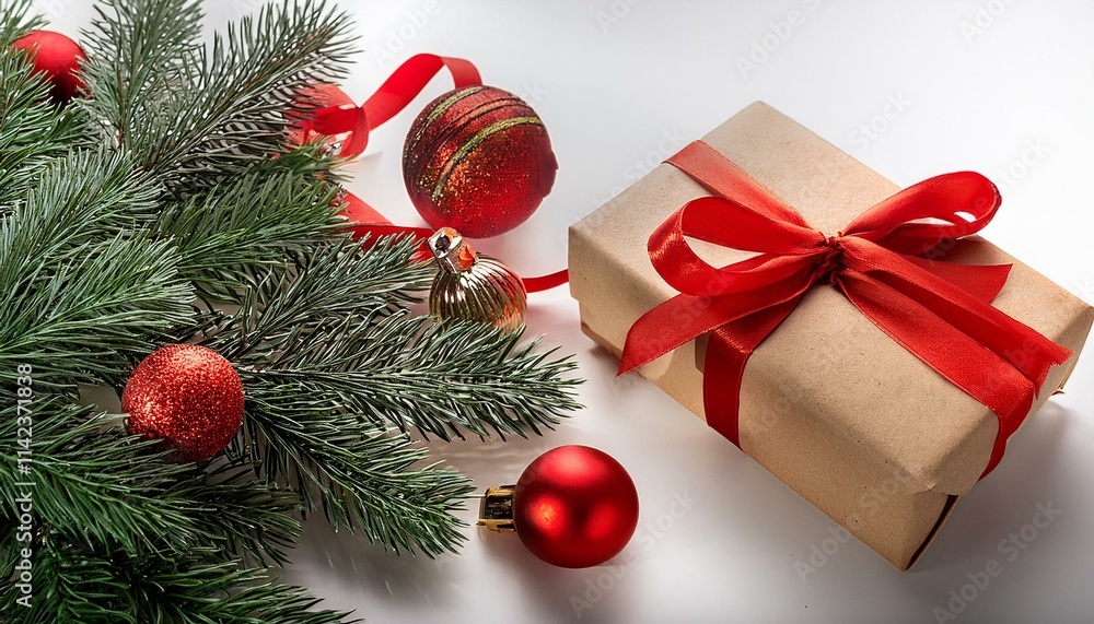 Christmas Composition With a Gift Box And Red Ribbon, Fir Branches, Christmas Tree Toys. Copy Space For The Design Of Your Greetings. Christmas Tree With Gifts. Christmas Composition With a Gift Box And Red Ribbon, Fir Branches, Christmas Tree Toys. Copy Space For The Design Of Your Greetings. Christmas Tree With Gifts.