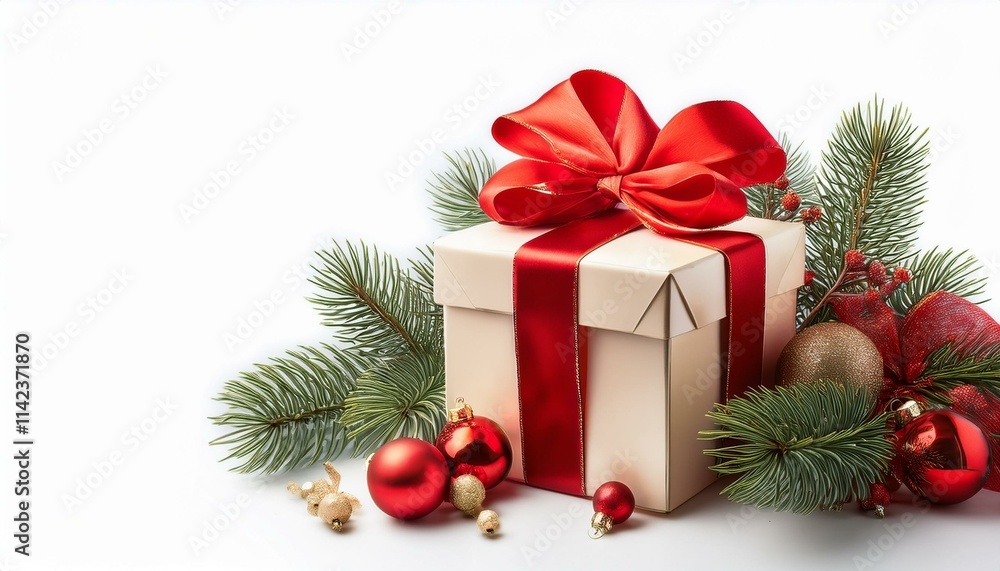 Christmas Composition With a Gift Box And Red Ribbon, Fir Branches, Christmas Tree Toys. Copy Space For The Design Of Your Greetings. Christmas Tree With Gifts. Christmas Composition With a Gift Box And Red Ribbon, Fir Branches, Christmas Tree Toys. Copy Space For The Design Of Your Greetings. Christmas Tree With Gifts.