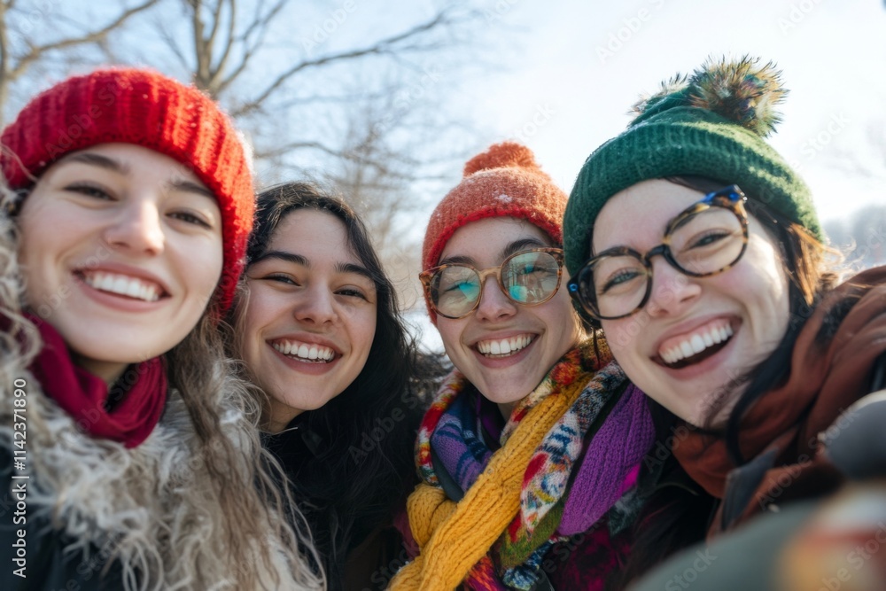 Group portrait of diverse lesbians taking selfie outdoors during winter Group portrait of diverse lesbians taking selfie outdoors during winter