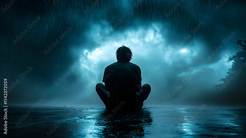 Symbolism of Depression: A Solitary Silhouette Under a Dark Raincloud with Glimmers of Hope Symbolism of Depression: A Solitary Silhouette Under a Dark Raincloud with Glimmers of Hope