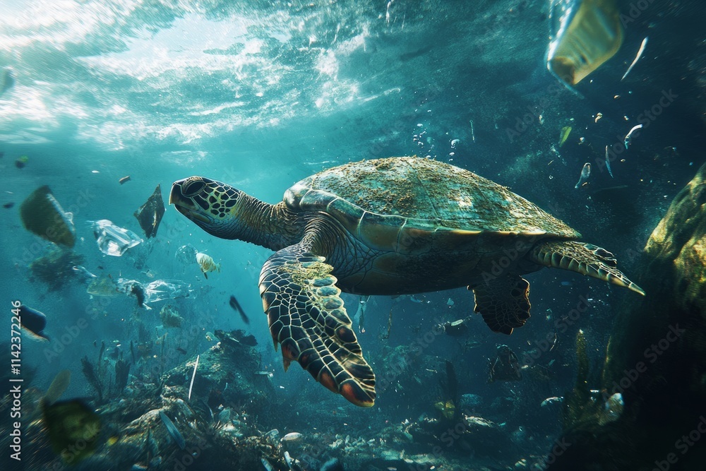 Obraz premium Sea turtles struggling to navigate through plastic debris in the ocean, clear water turning murky, no person, underwater, highly detailed
