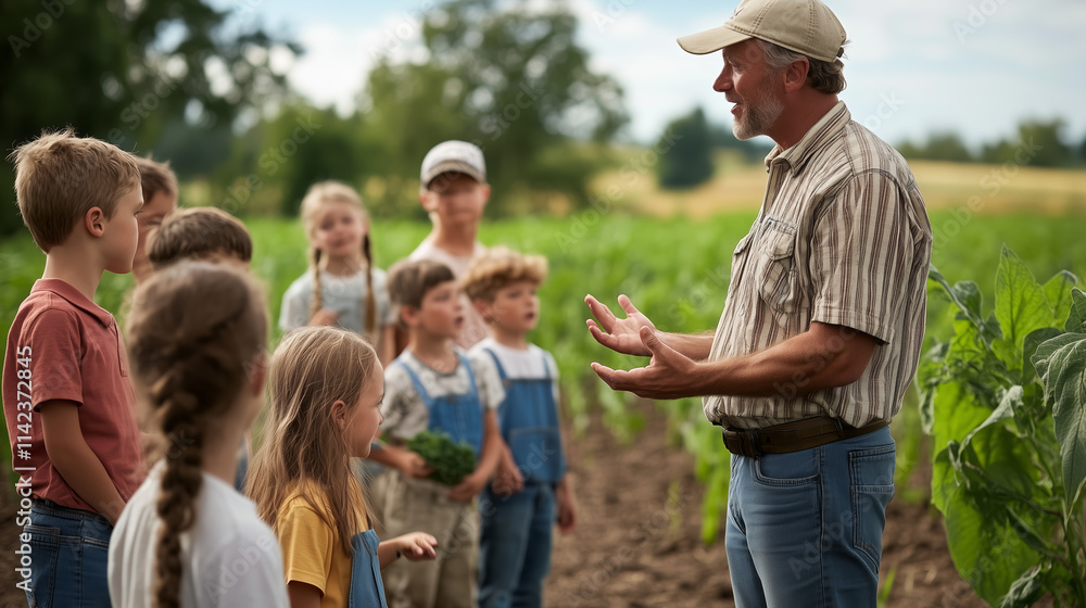 Fototapeta premium Kids learn about farming during a hands-on educational activity in a green field