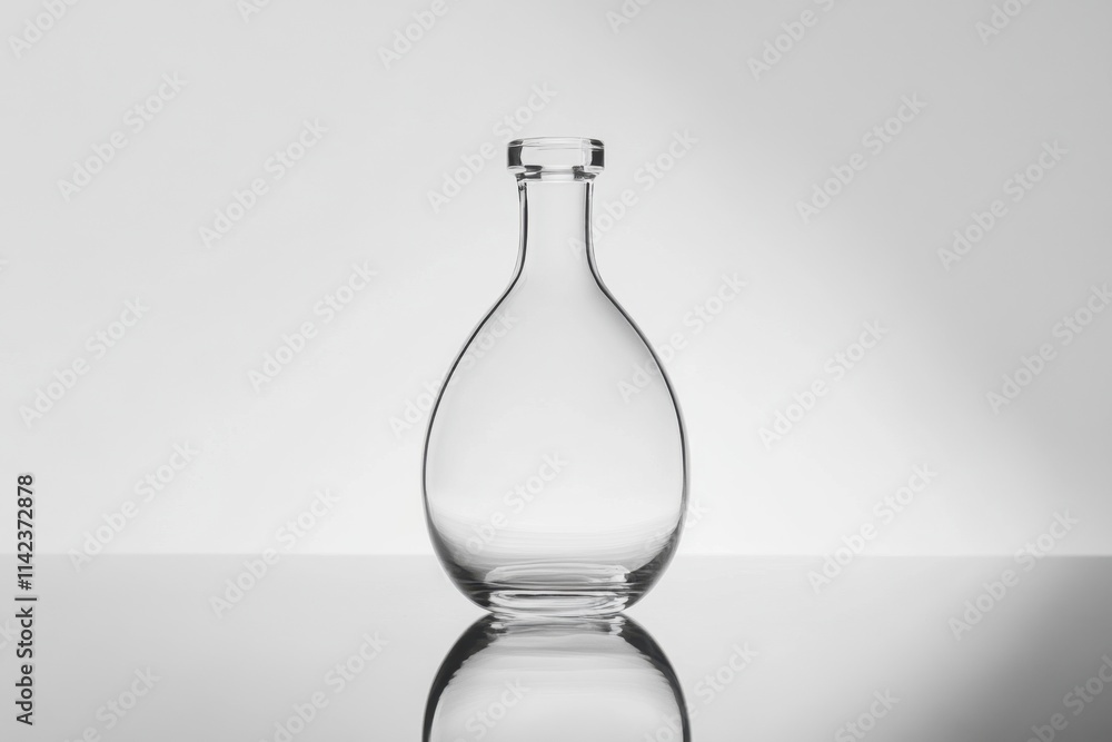 A Clear Glass Decanter Stands on a Reflective Surface A Clear Glass Decanter Stands on a Reflective Surface