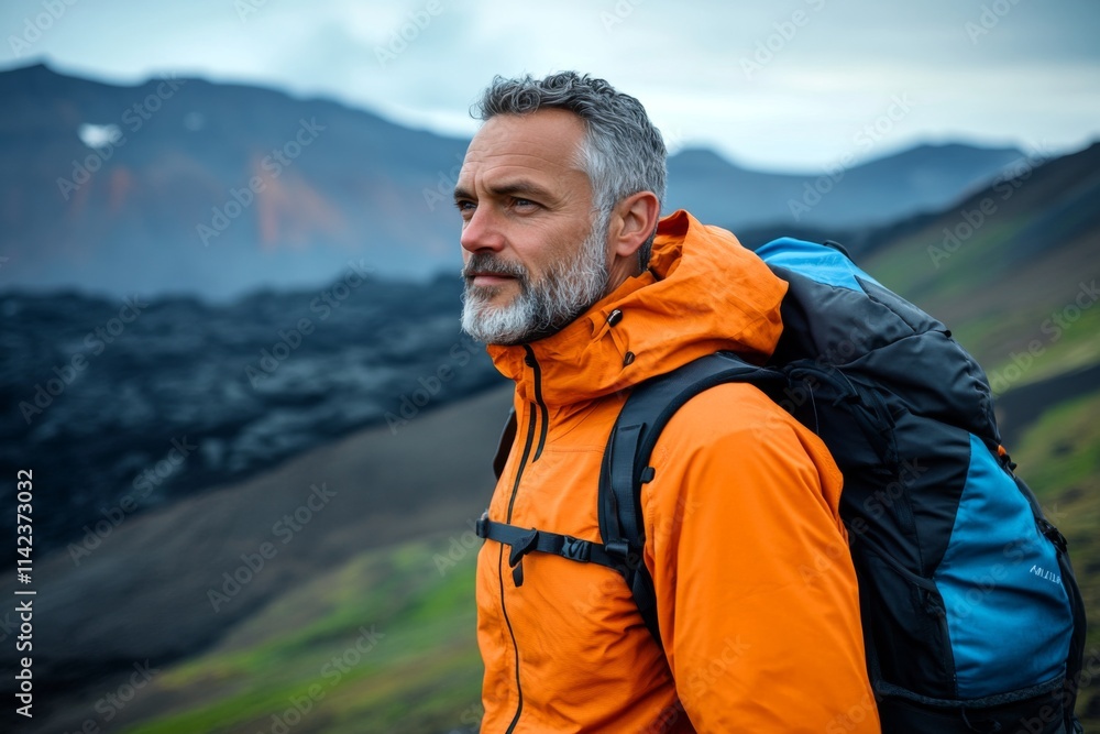 Portrait of a middle aged man hiking in volcanic land Portrait of a middle aged man hiking in volcanic land