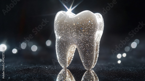 sparkling tooth with glittering effects, symbolizing dental health and whitening. This captures essence of bright smile and promotes oral hygiene photo