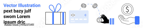 Present box, credit card with coins, and hand offering money represent purchase and gift exchange. Ideal for e-commerce, gifting, transactions, payouts, shopping loyalty rewards services. Landing