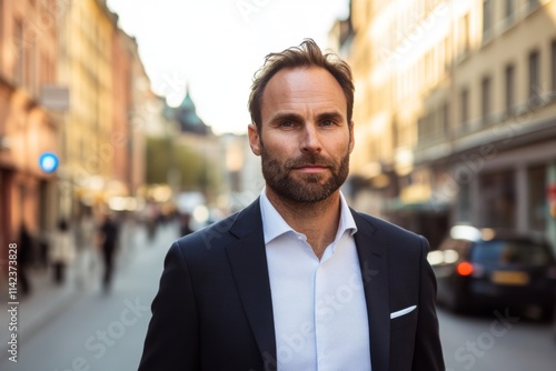 Portrait of a casual businessman on European city street