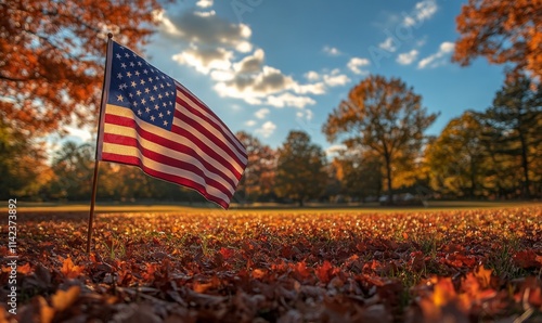 American flag waving in autumn breeze, patriotic, stars and stripes, USA, national symbol, wind, fall
