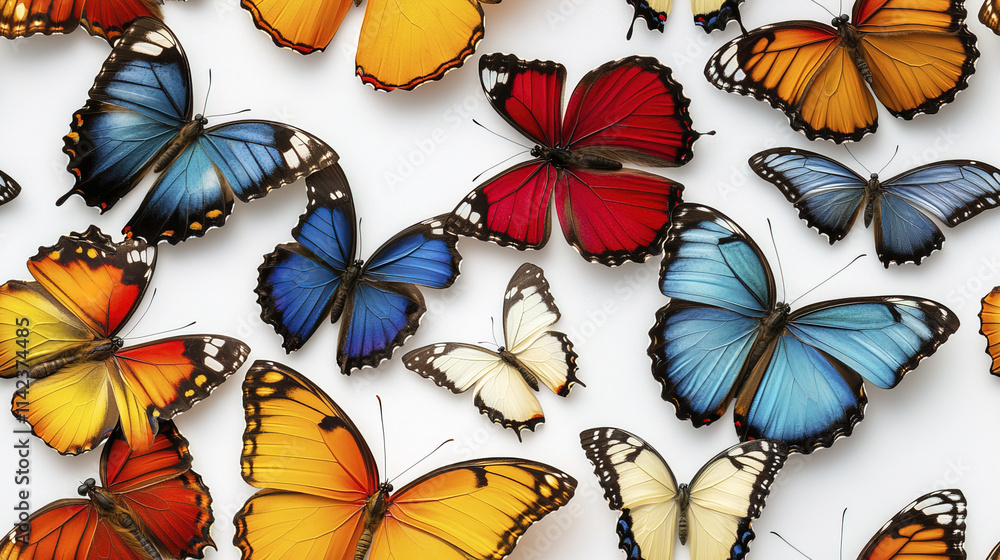 Obraz premium Brightly colored butterflies arranged on white background, showcasing beauty and diversity