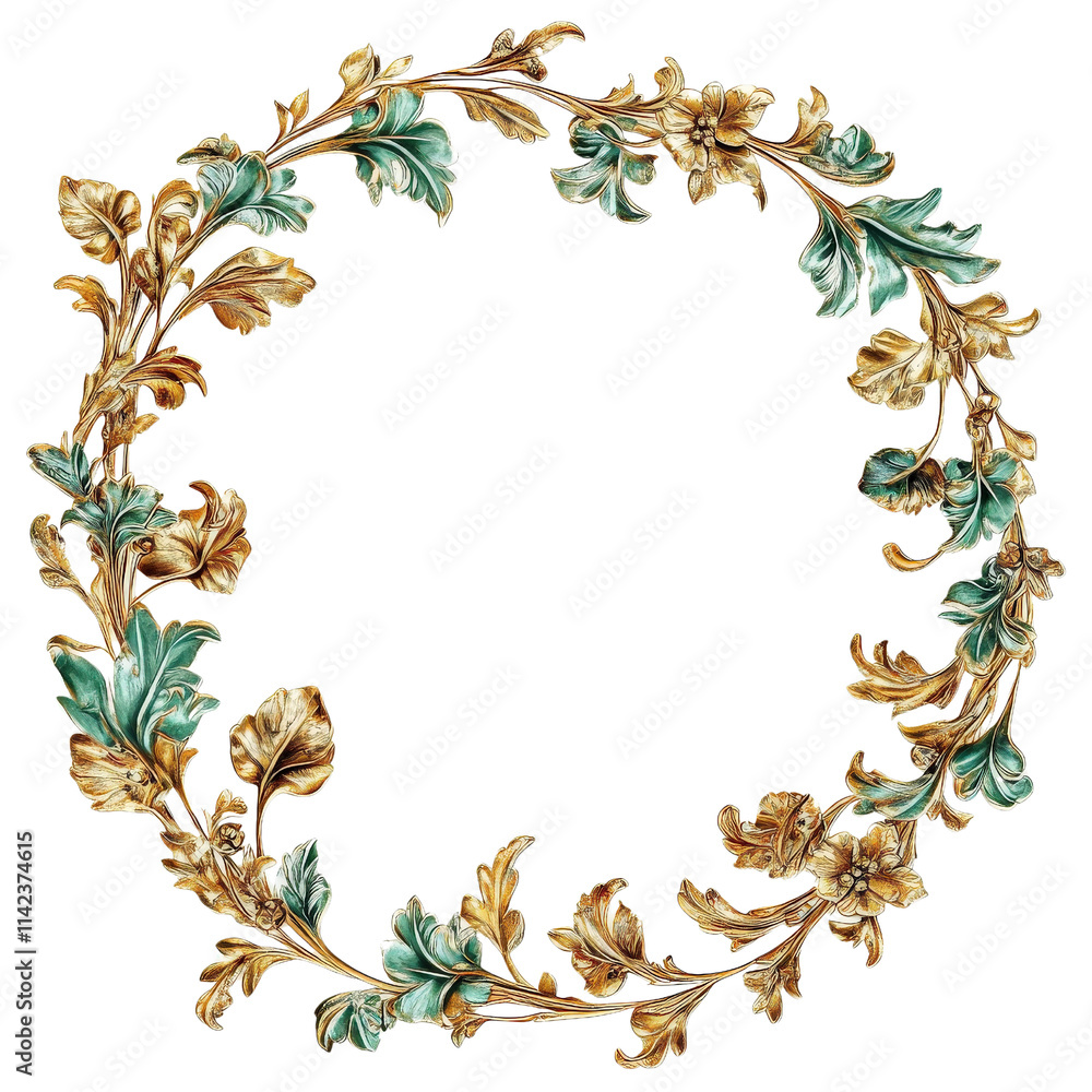 Obraz premium Elegant floral wreath design with golden and green leaves, perfect for decorative purposes. This intricate artwork adds touch of sophistication to any project