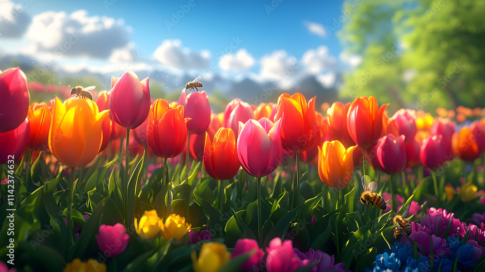Obraz premium A Lush Tulip Garden Showcasing Diverse Varieties Creating a Colorful Patchwork, A Testament to Nature's Harmony and Beauty.