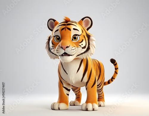 closeup shot of beautiful 3d tiger cartoon character isolated on blurry  grey background 