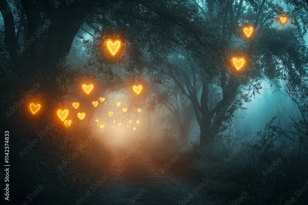 Glowing hearts illuminate foggy forest path. Glowing hearts illuminate foggy forest path.