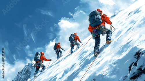 Captivating Adventure of Climbers Conquering a Sheer Snowface with Artistic Line Art Representation photo