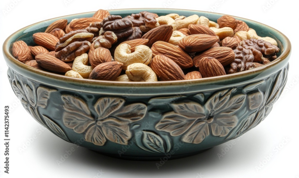 A bowl filled with an assortment of walnuts, cashews, and almonds, mixed nuts, variety, healthy snack, bowl, nut selection A bowl filled with an assortment of walnuts, cashews, and almonds, mixed nuts, variety, healthy snack, bowl, nut selection